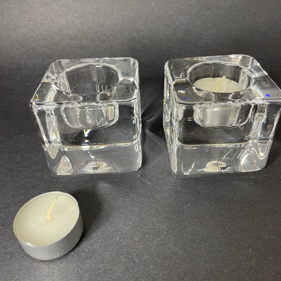 Orrefors Sweden Crystal Glass Ice Cube Votives 2 Piece Set MCM - Picture 5 of 11